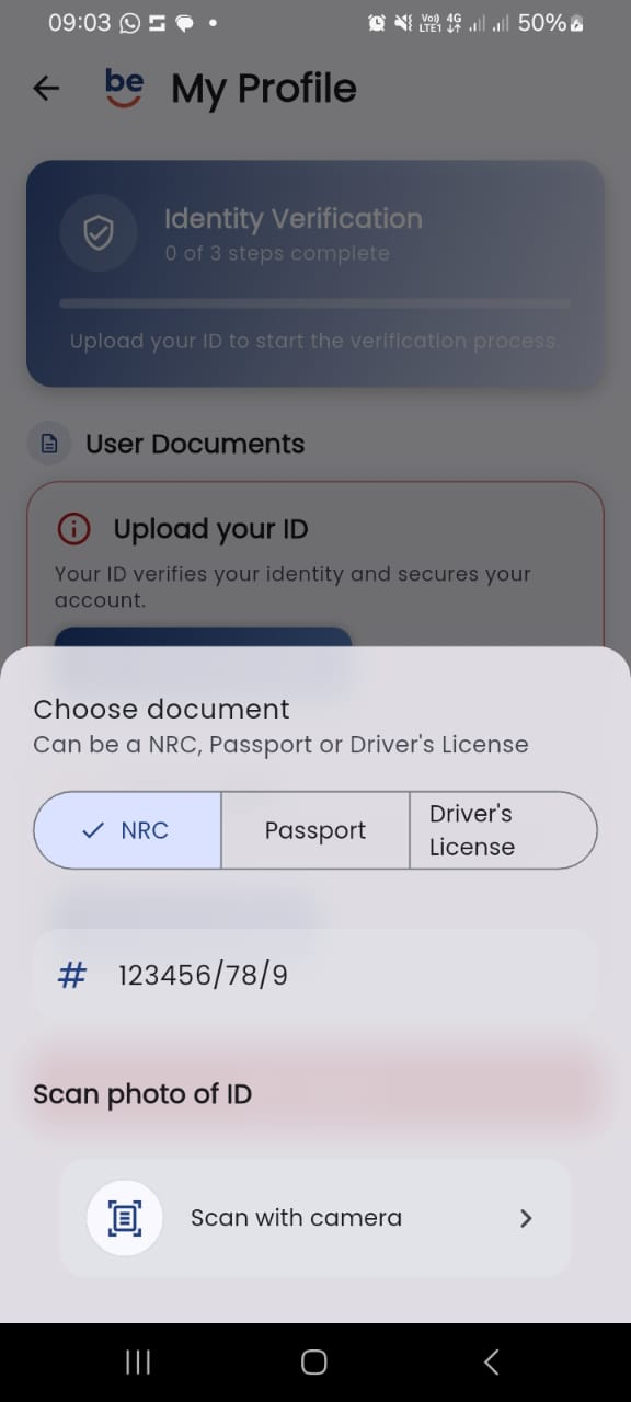 The Choose document sheet, offering NRC, Passport, or Driver's Licence, with a field for the document number.