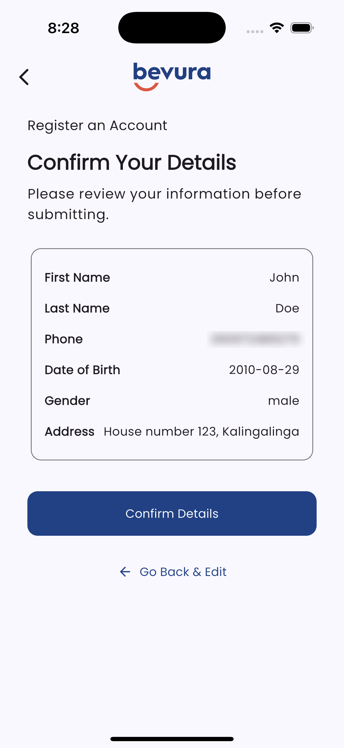 The Confirm Your Details screen, listing the name, phone number, date of birth, gender, and address entered, with a Go Back and Edit link.
