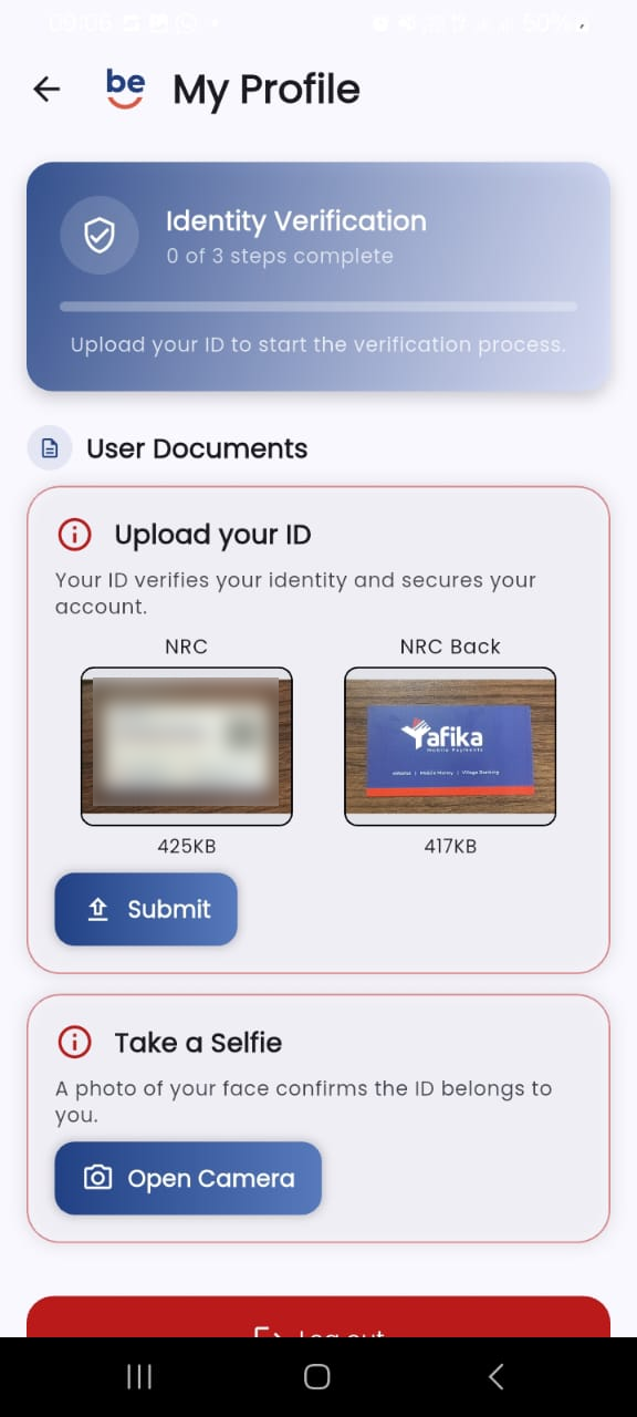 The Upload your ID screen with both the front and the back of an NRC attached, ready to submit.
