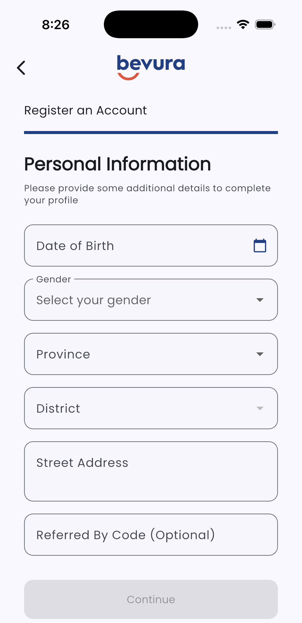 The Personal Information form: date of birth, gender, province, district, street address, and an optional referral code.