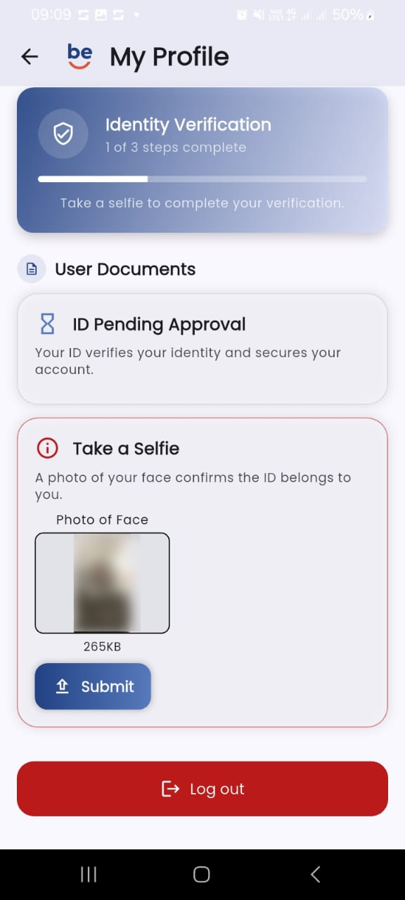 The Take a Selfie step with a captured photo attached, ready to submit.