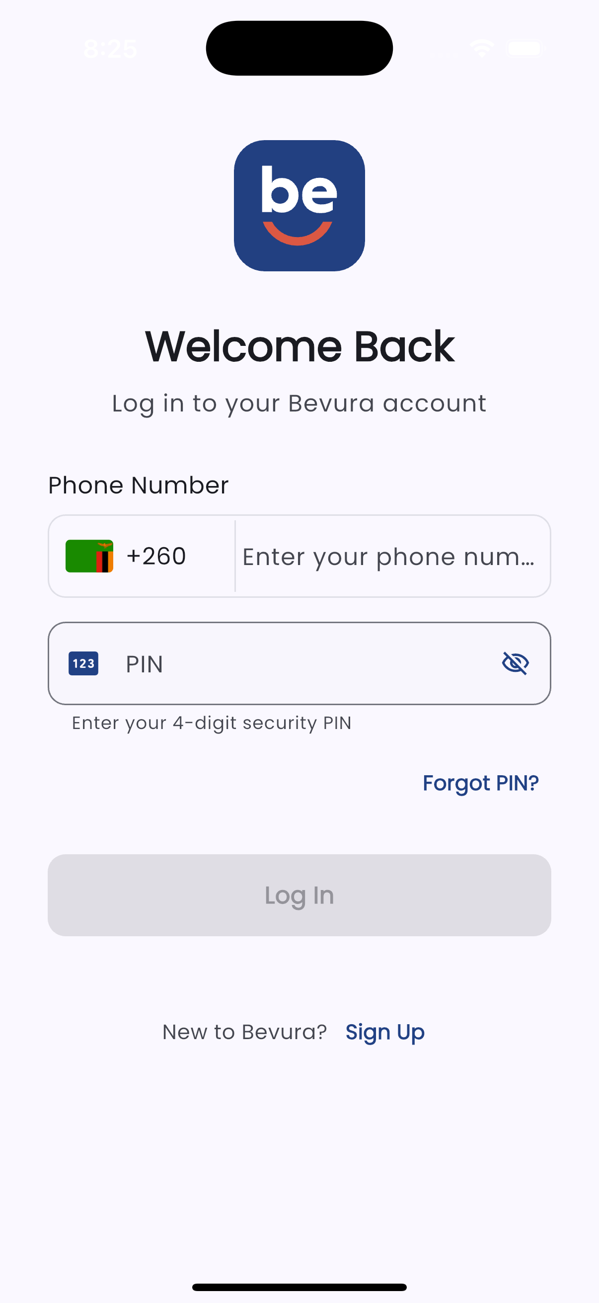 The Bevura welcome screen, with a Sign Up link for new customers below the log-in form.