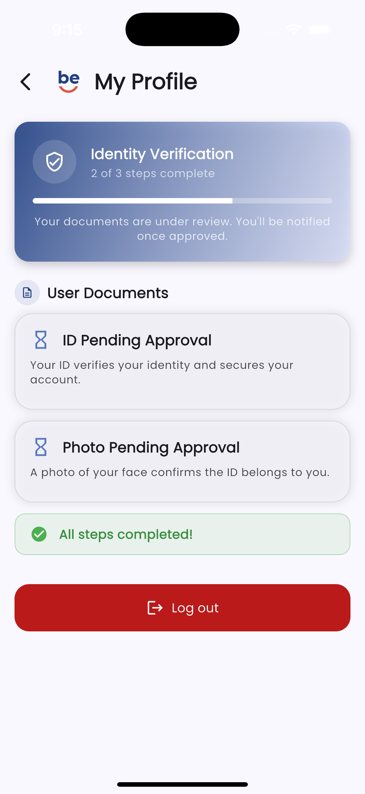 The profile screen showing identity verification two of three steps complete, with the ID and photo pending approval.