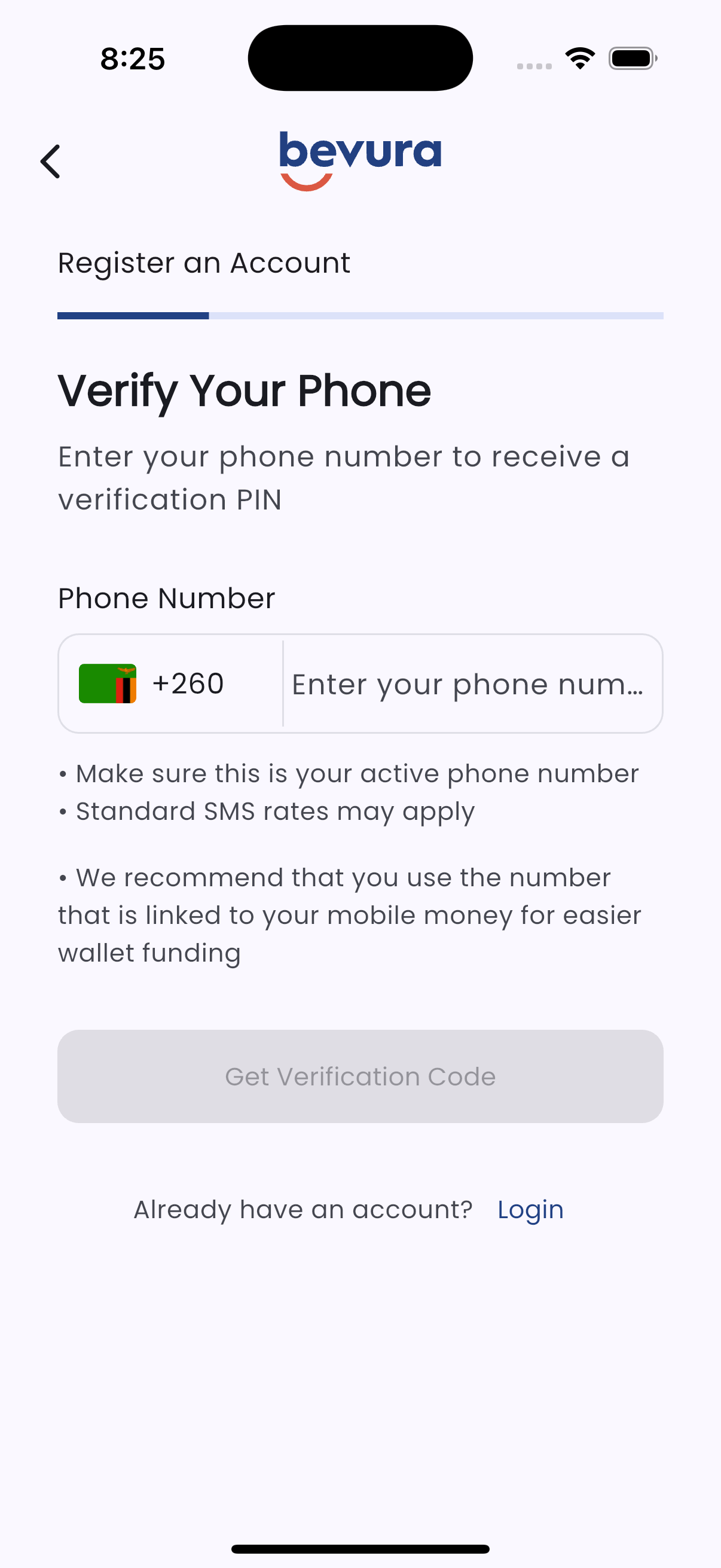 The Verify Your Phone screen, showing a +260 country prefix beside the phone number field.