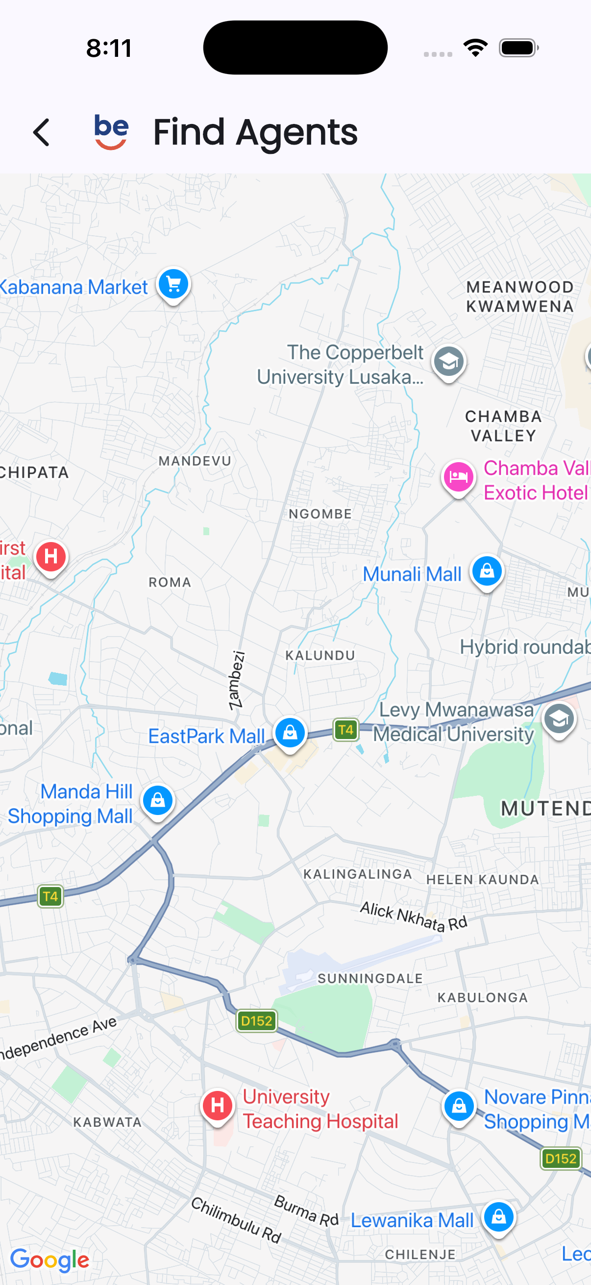 Agent Locator in the Bevura app