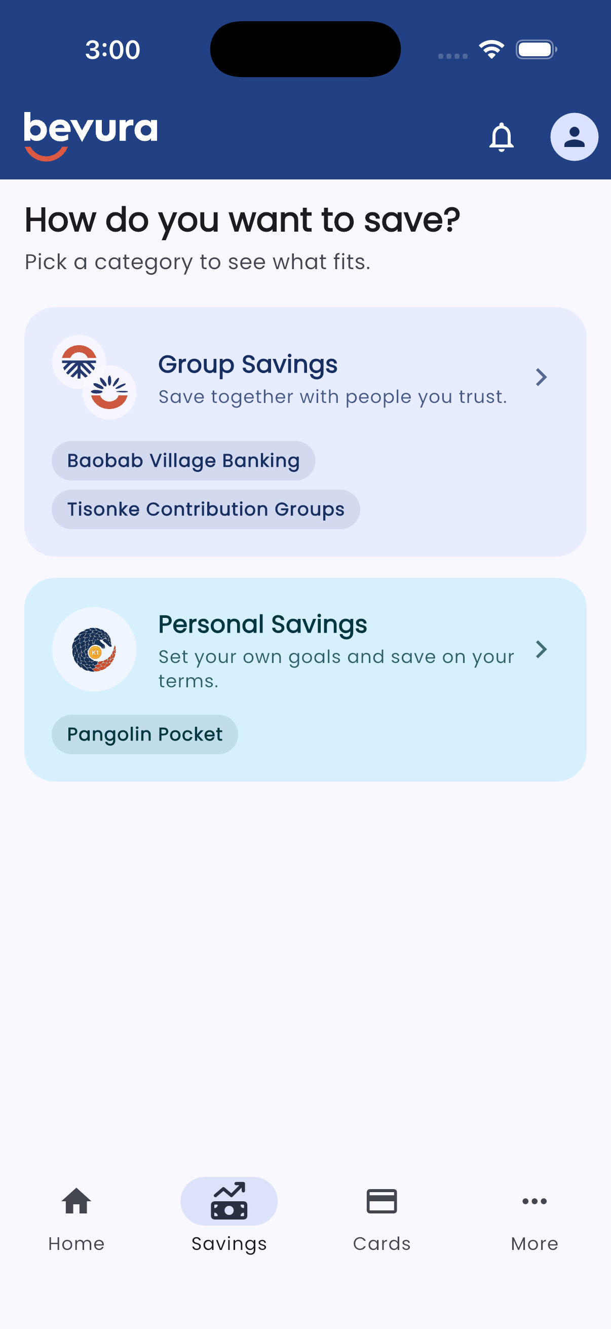 The Bevura savings screen on a phone