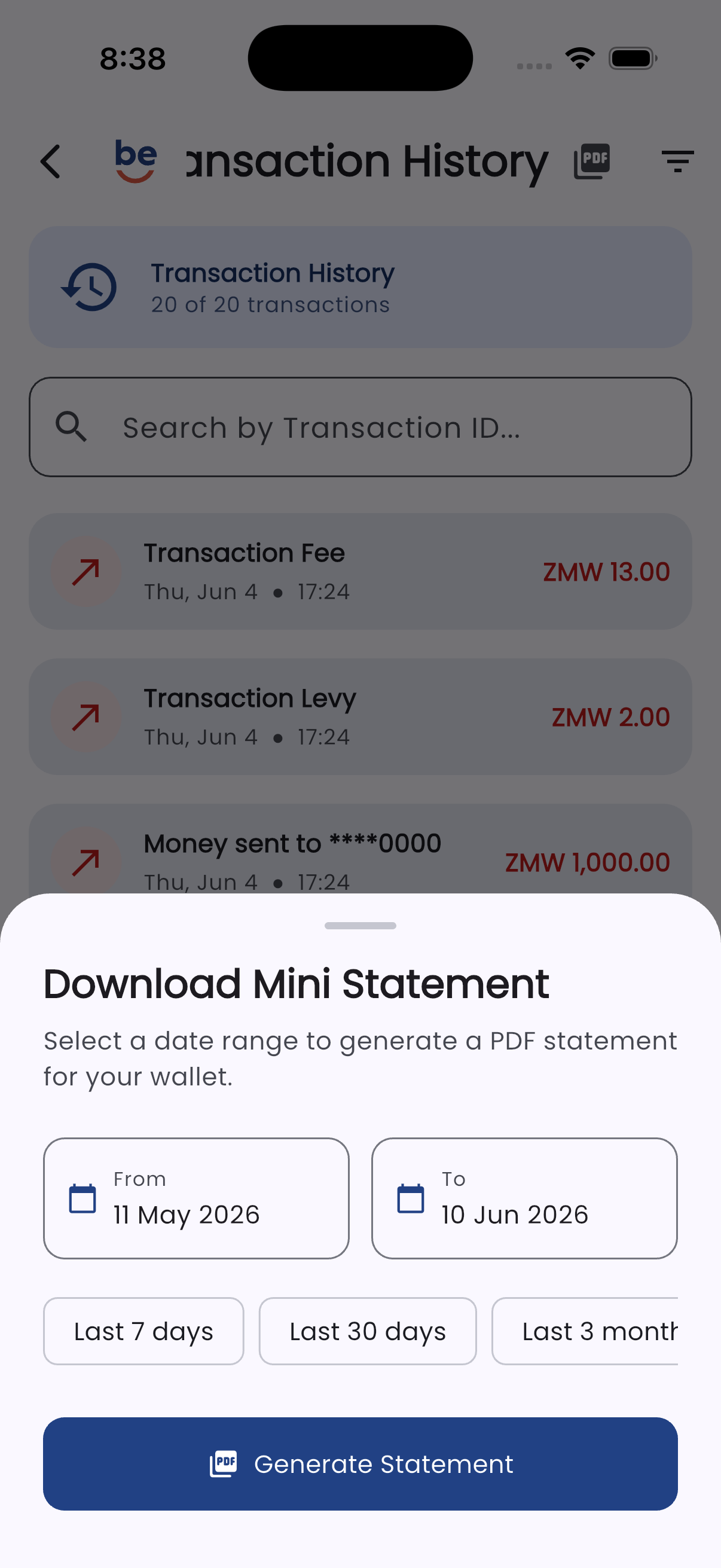 Transaction History in the Bevura app
