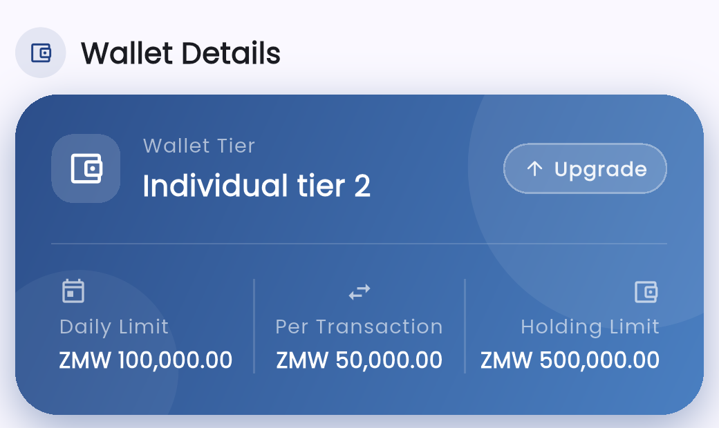 The wallet card at the top of the Bevura profile screen, showing the wallet tier alongside the daily, per-transaction and holding limits
